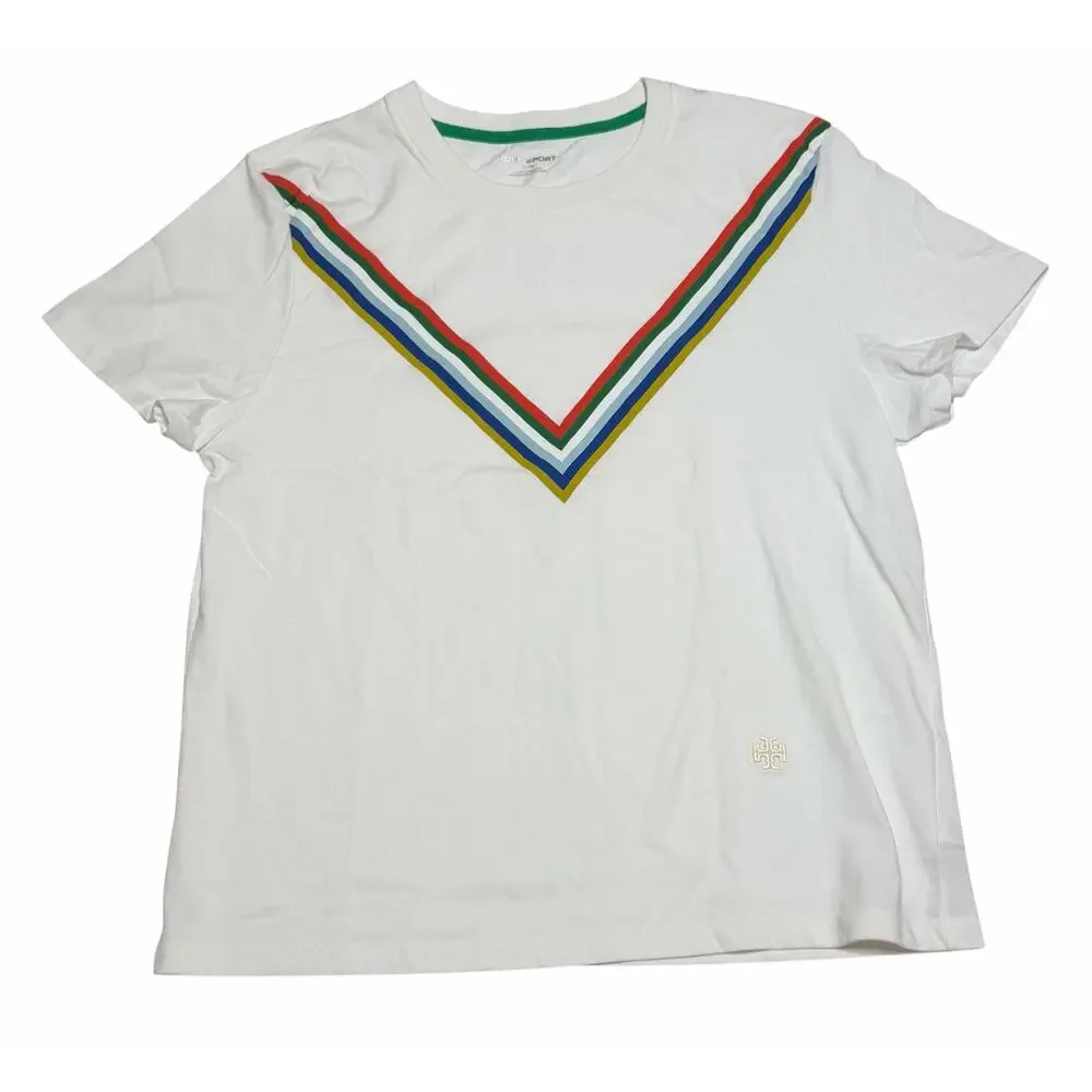 Tory Sport Crewneck T-shirt Tempo Chevron Short Sleeve White Cotton